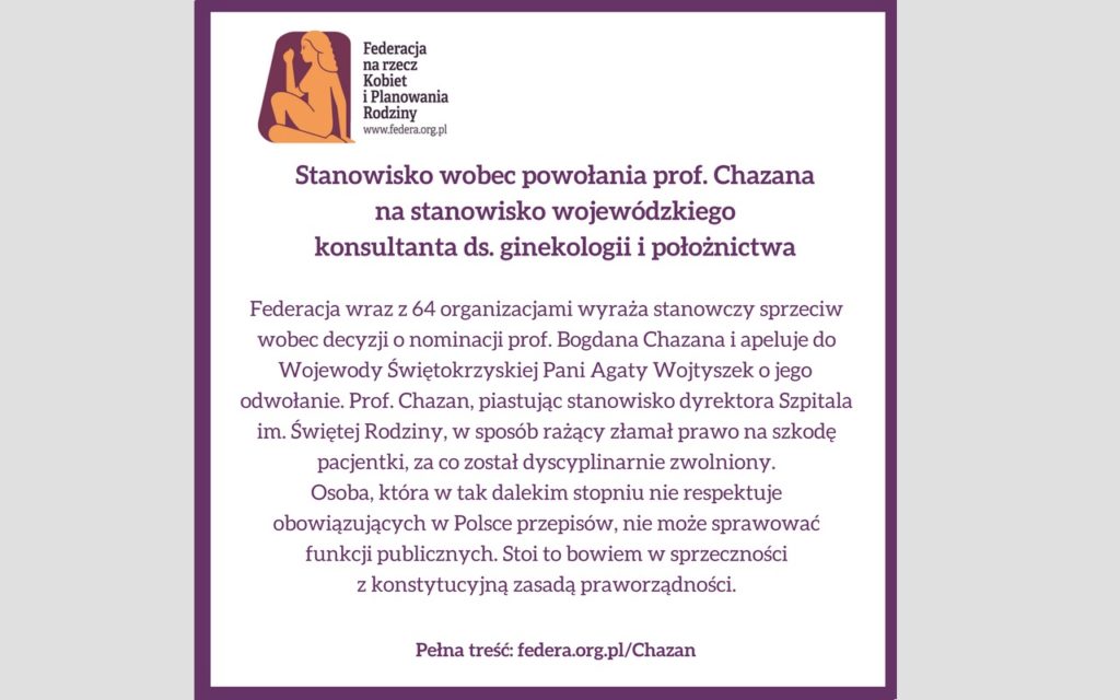 Stanowisko wobec powołania prof. Chazana na stanowisko wojewódzkiego konsultanta ds. ginekologii i położnictwa